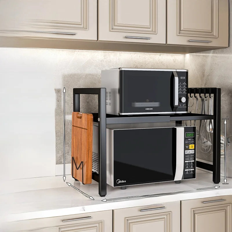 Kitchen Microwave Oven Rack Double Layer Expandable Multi Functional Home Appliance Storage Shelf Carbon Steel No Installatio...