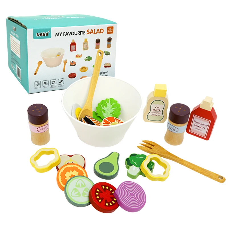 Kitchen Pretend Play Toys Wooden Simulation Food Accessories Pizza Salad Dessert Set Montessori Educational Toy for Toddler 3+