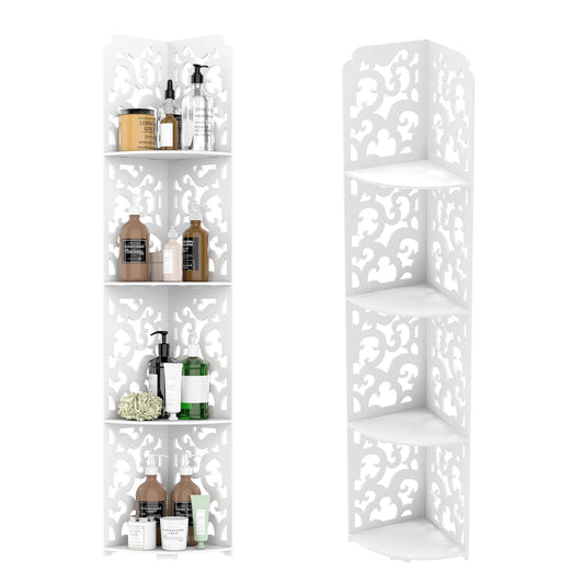 4 Tier Bathroom Corner Cabinet Storage Unit White, Floor Standing Shower Caddy Corner Shelf, PVC Waterproof Storage Organiser