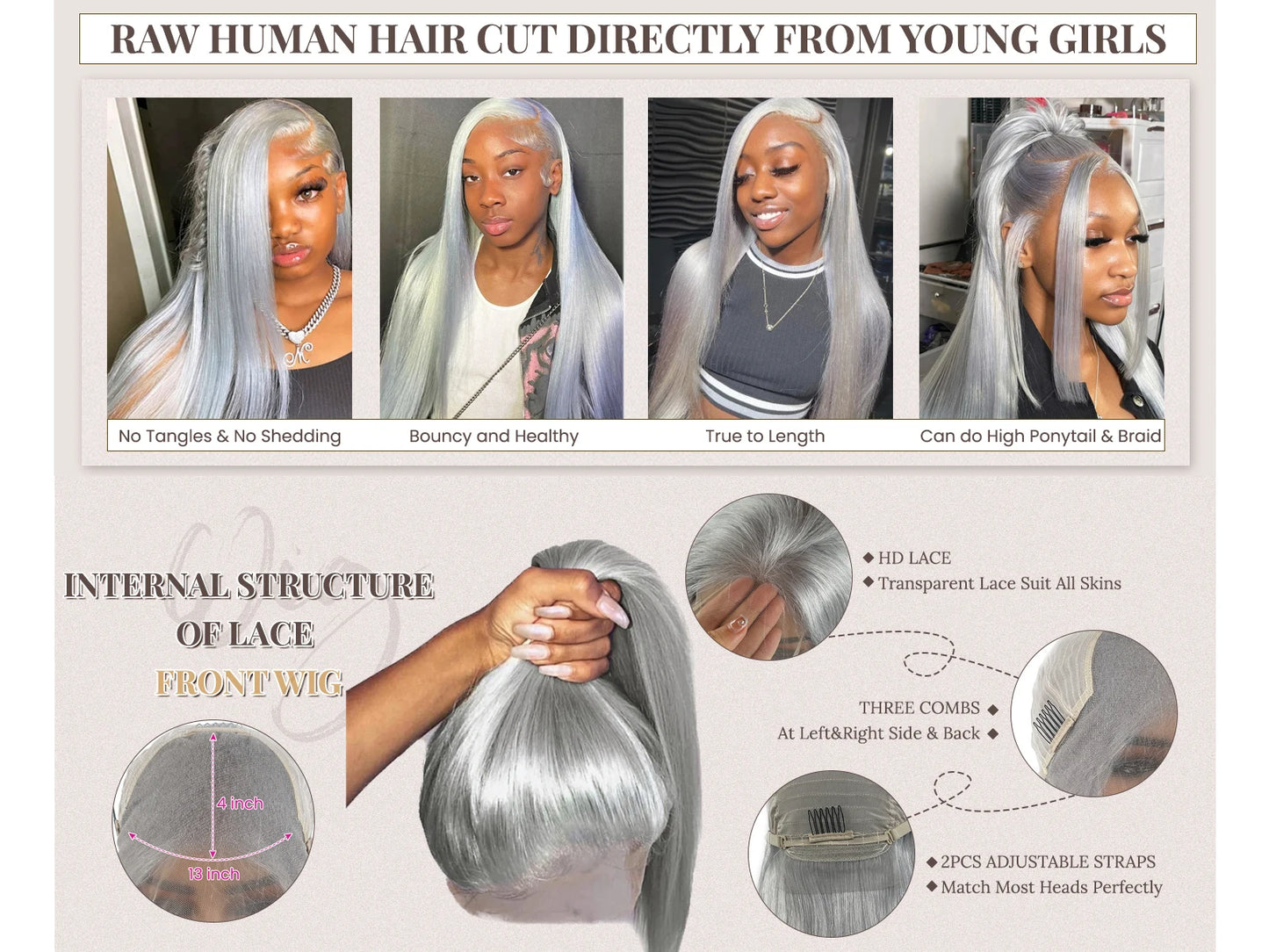 38 Inch 13x6 Hd Lace Frontal Wig 250 Density Grey Straight Human Hair Pre Plucked Transparent 13x4 Lace Frontal Brazilian Wig