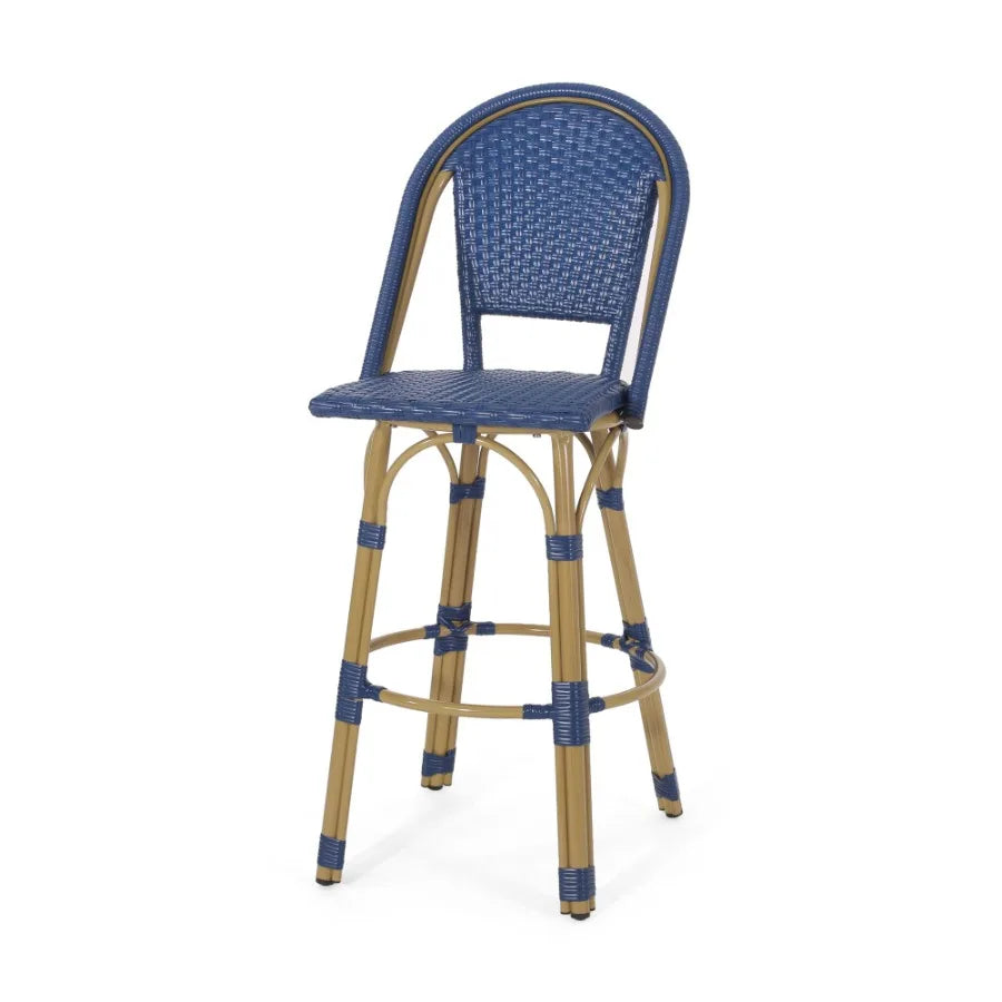29.5 Outdoor PE Rattan and Aluminum French Barstools Set of 2 Navy Blue and Bamboo Finish