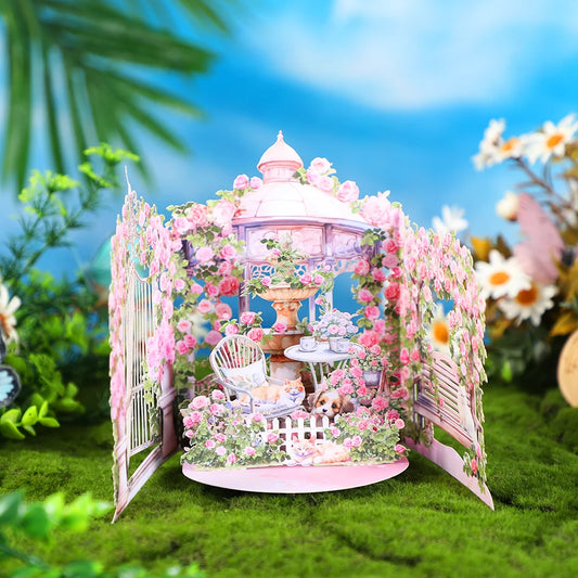 Pink Rose Garden pop-up greeting card, birthday anniversary gift for your lover mother teacher, Spring comfortable cozy kitten