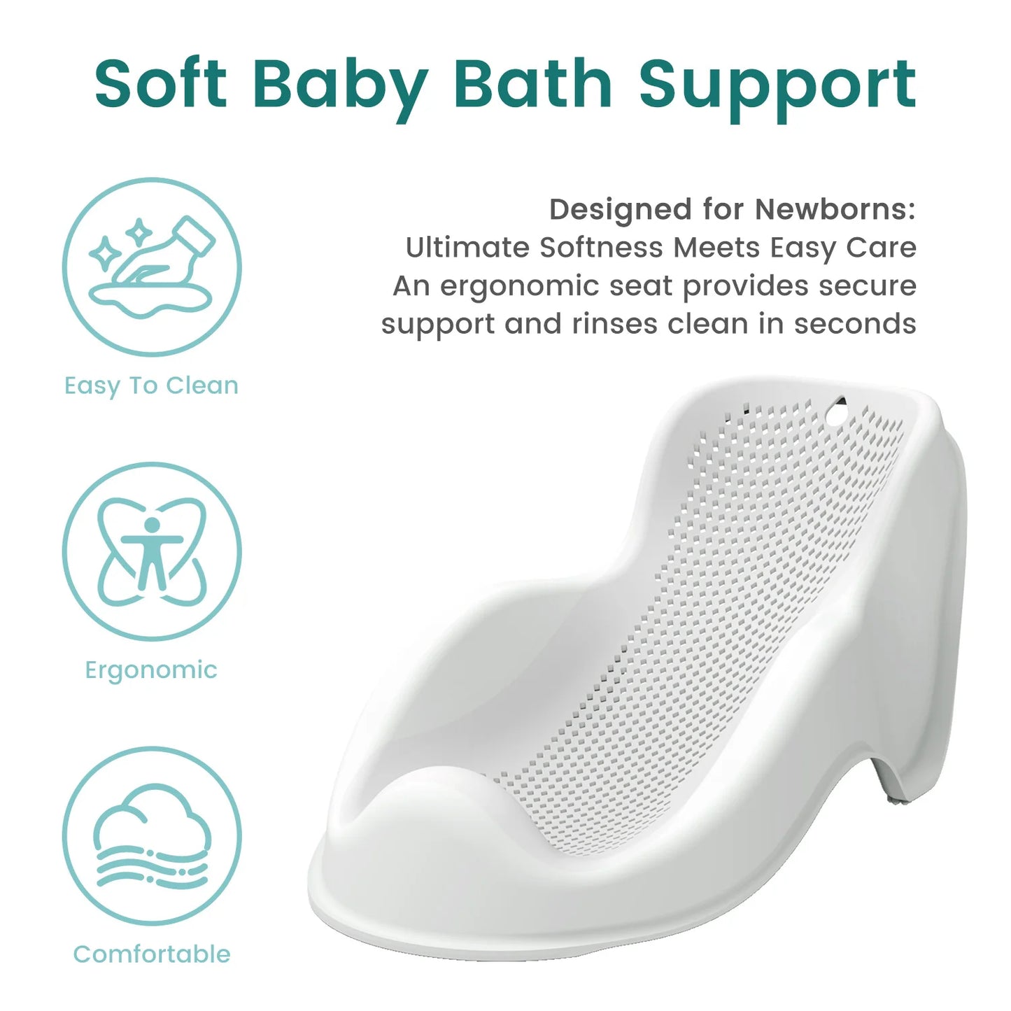 Soft Baby Bath Support for Newborns - Ergonomic, Easy to Clean & Comfortable Anti-Slip Infant Bath Seat with Quick Drying Design