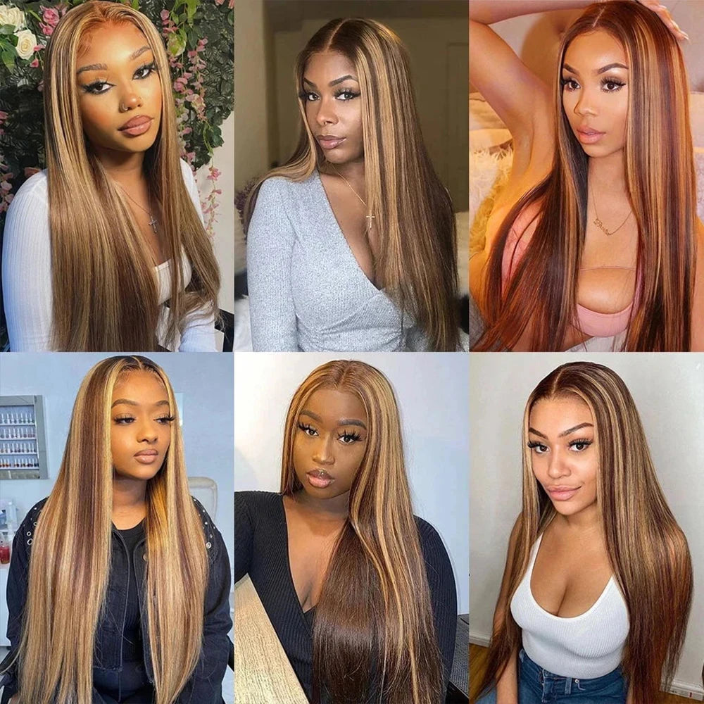 13x6 HD Highlight Lace Frontal Wig P4/27 200 Density Human Hair Honey Blonde Piano Bone Straight 13x4 Lace Front Wigs for Women