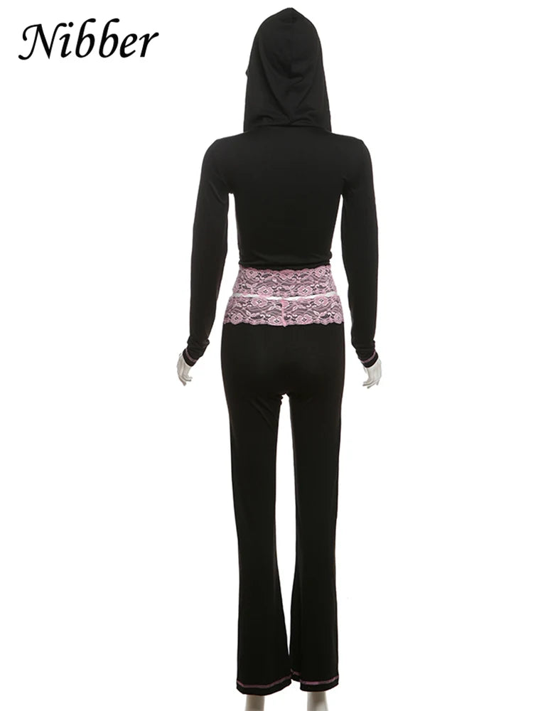 Nibber Lace Patchwork Woman 2 Piece Set Hooded Zip Crop Jacket+Patchwork Flare Pants Matching Streetwear Casual Matching Outfits