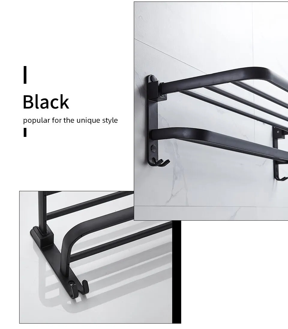 Matte Black 50CM Folding Holder With Hook Towel Holder Wall Mount Aluminum Towel Rack