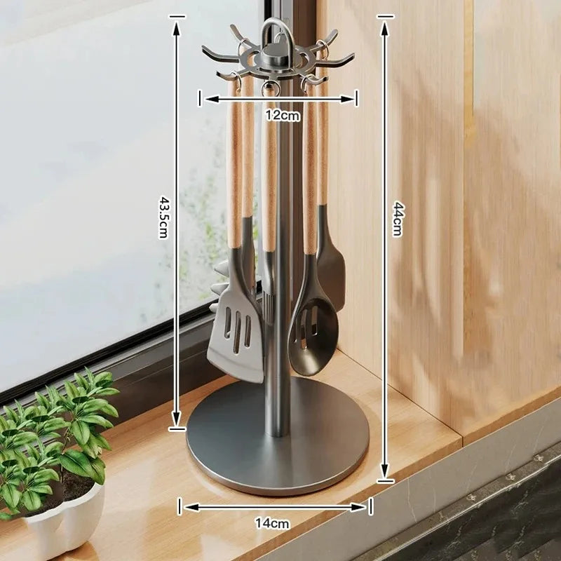 360° Rotating Kitchen Spatula and Utensil Rack - 8-Hook Movable Cooking Tool Storage Organiser for Countertop Space Saving