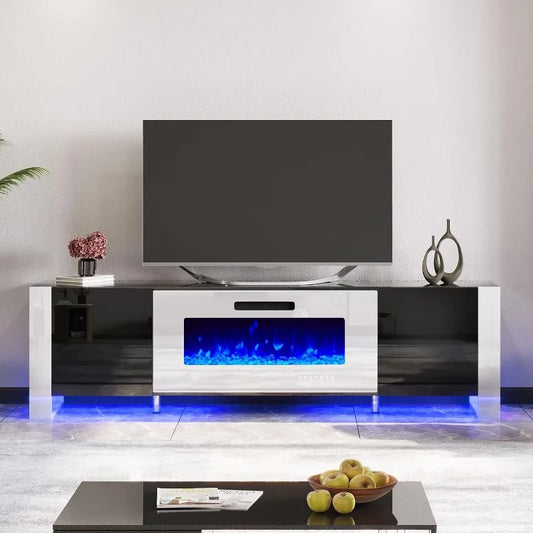 Fireplace TV Stand with 40" Fireplace, 80" Modern High Gloss Entertainment Center LED Lights, U-Shaped Legs TV Console