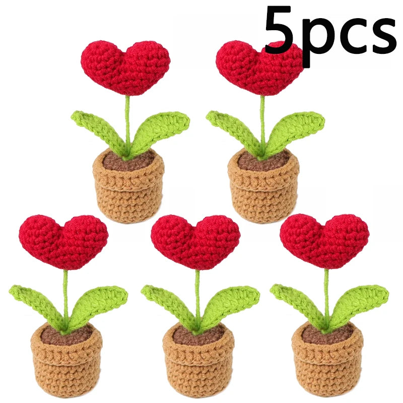 1/2/3/5Pcs Handmade Knitted Flower Pot Red Heart Shaped Knit Imitation Potted Plant Christmas Valentine's Day Mother‘s Day Gift