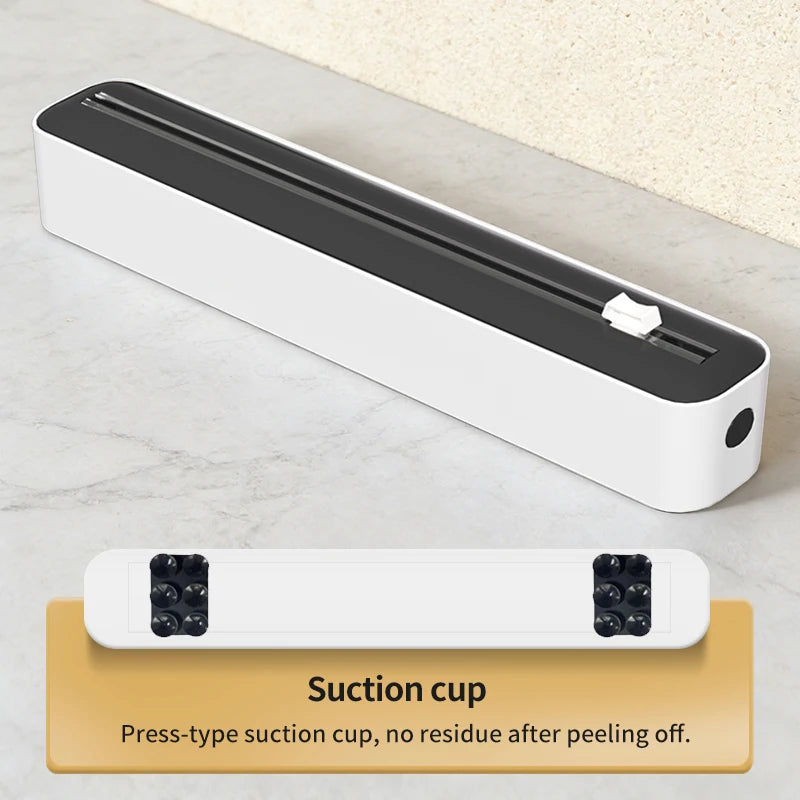 Household multi-functional cling film cutter, tear-free sliding cutter suitable for plastic cling film and aluminum foil.