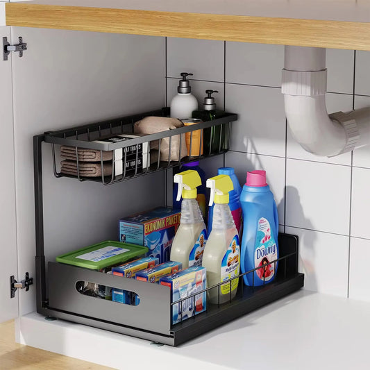 Under Sink 2 Tier Sliding Cabinet Basket Organiser Drawer Pull Out Cabinet Multi-Purpose  Sink Organiser for Bathroom Kitchen