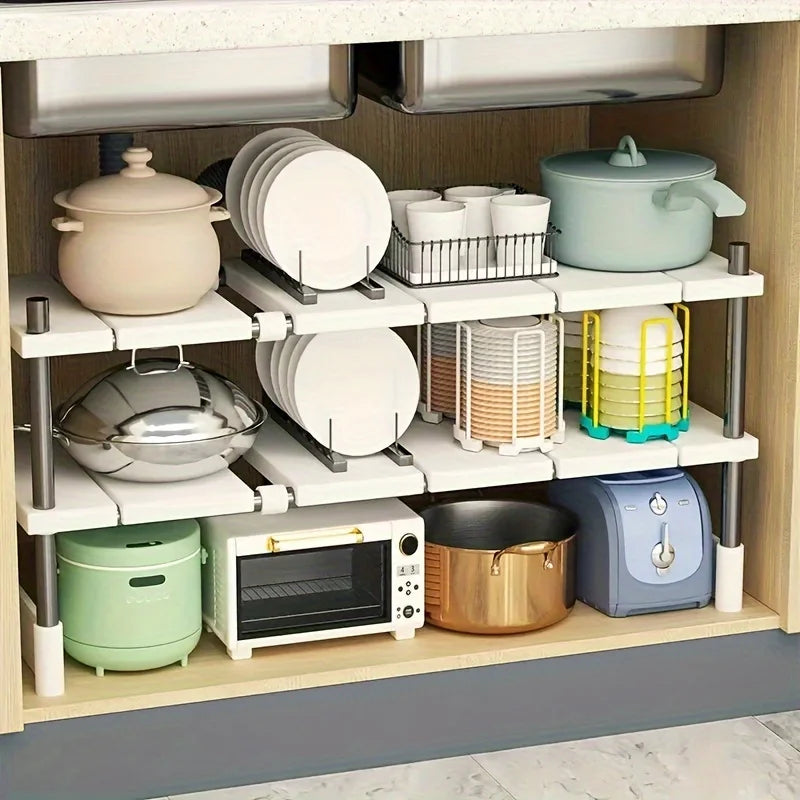 Adjustable Under Sink Storage Rack,Expandable Kitchen & Bathroom Cabinet Organiser, Durable Space-Saving Multi-Layer Pot Holder