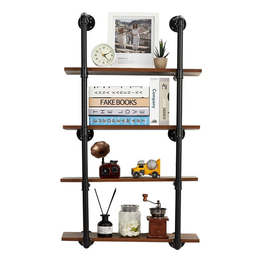 4 Tier Industrial Pipe Shelving Wall Mounted, 30in Rustic Metal Floating Shelves, Steampunk Real Wood Book Shelves, Wine Shelf