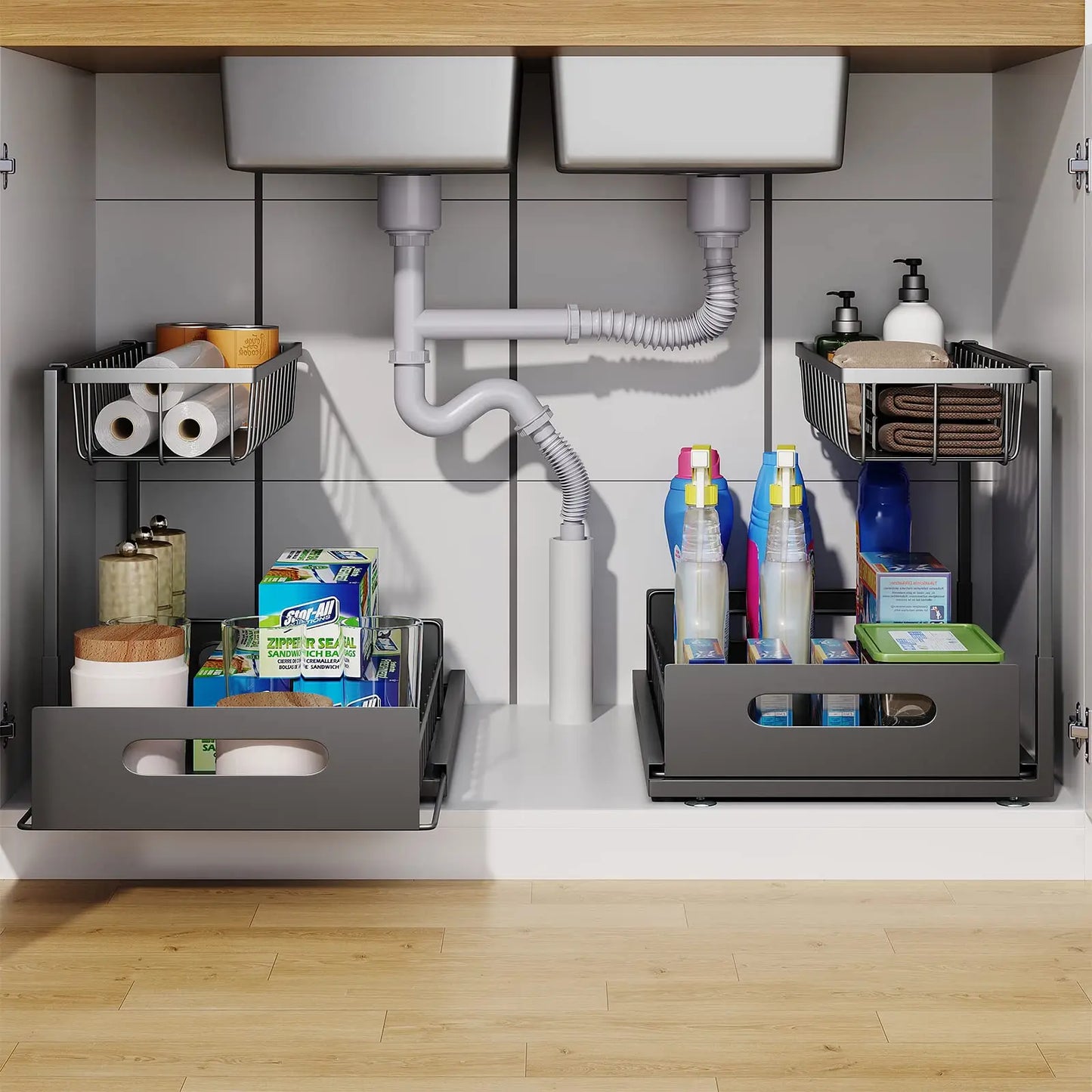 Under Sink 2 Tier Sliding Cabinet Basket Organiser Drawer Pull Out Cabinet Multi-Purpose  Sink Organiser for Bathroom Kitchen