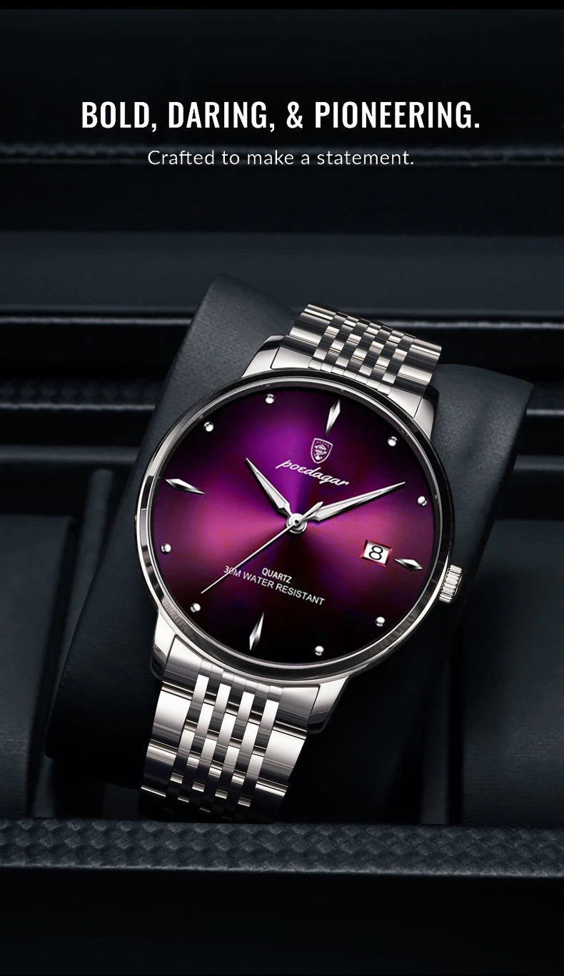 POEDAGAR Business quartz men's watch stainless steel waterproof night light date men's watch luxury casual simple men's watch