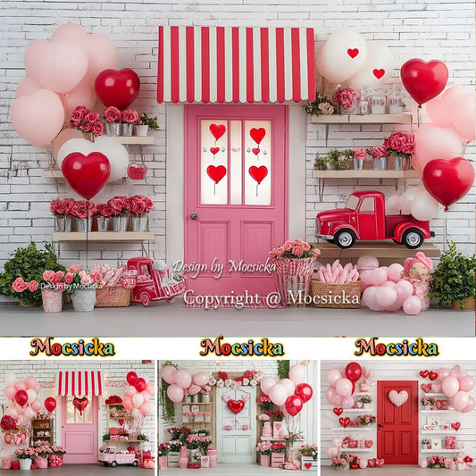 Mocsicka Valentine's Day Shop Backdrop Photography Pink Storefront Heart Balloon Red Rose Background Kids Birthday Photo Studio