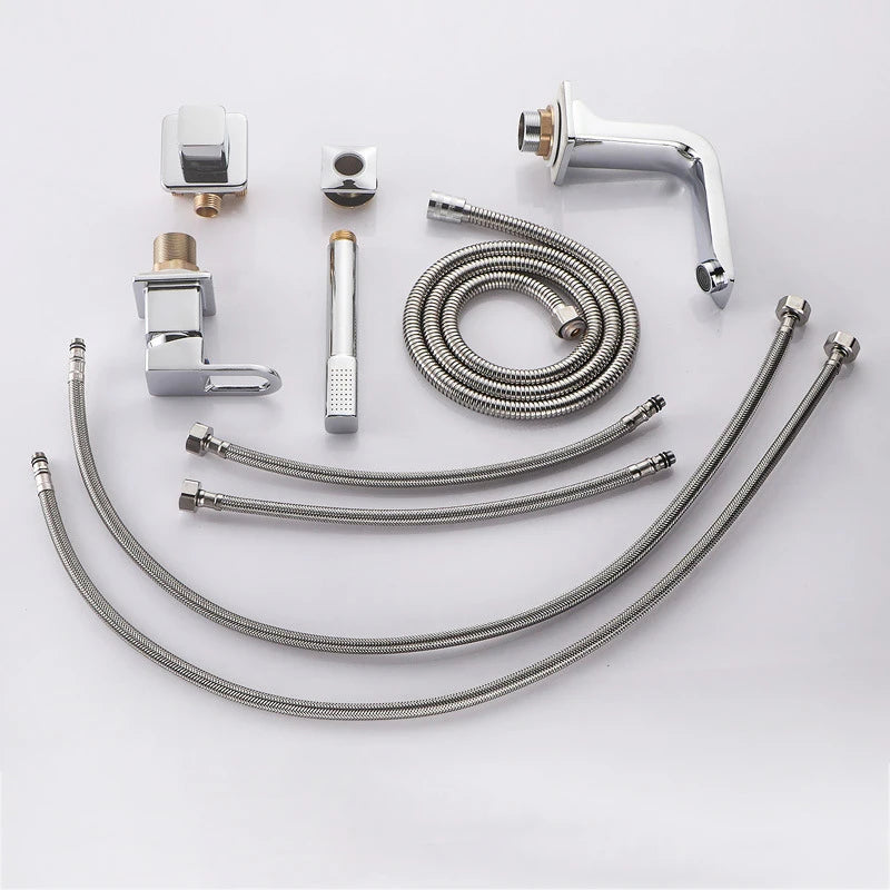 Deck/Wall Mounted Bathroom Bathtub Faucet Set with Handheld Shower Head 4 Holes Widespread Basin Tub Faucet Cold Hot Mixer Tap