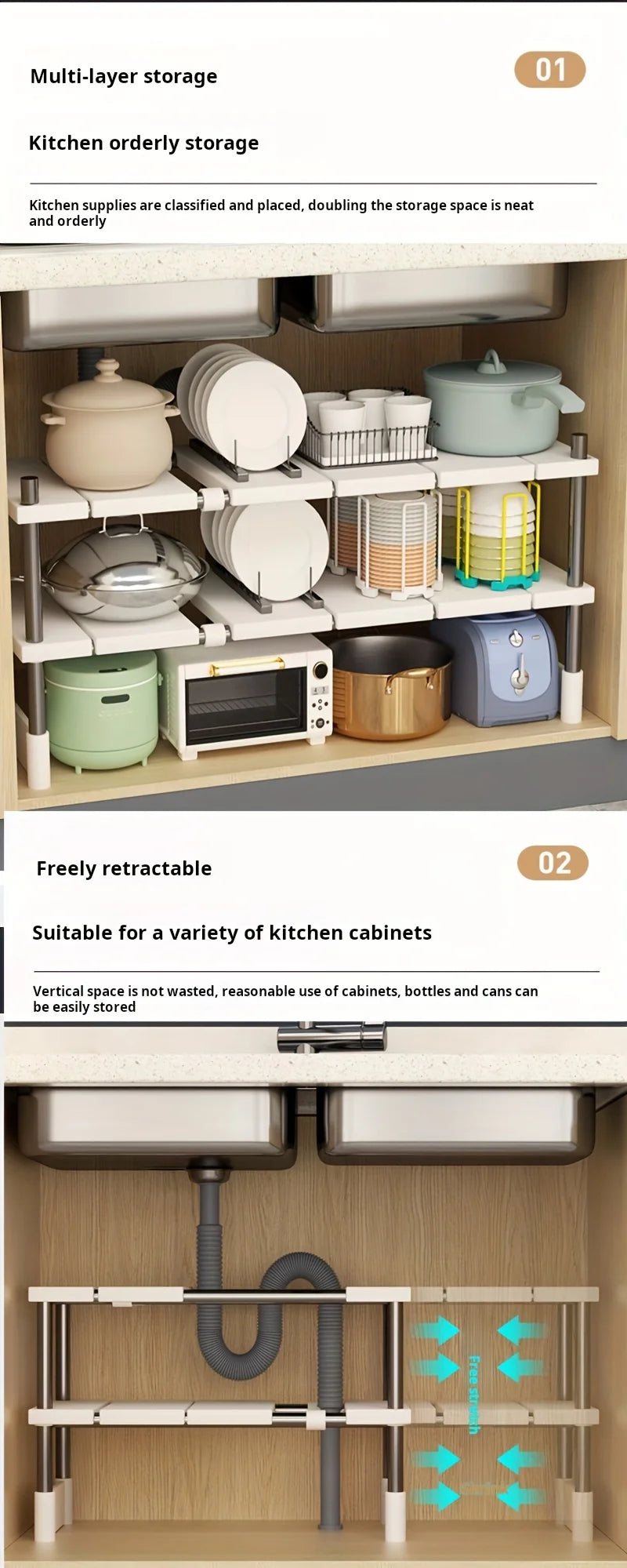 Adjustable Under Sink Storage Rack,Expandable Kitchen & Bathroom Cabinet Organiser, Durable Space-Saving Multi-Layer Pot Holder