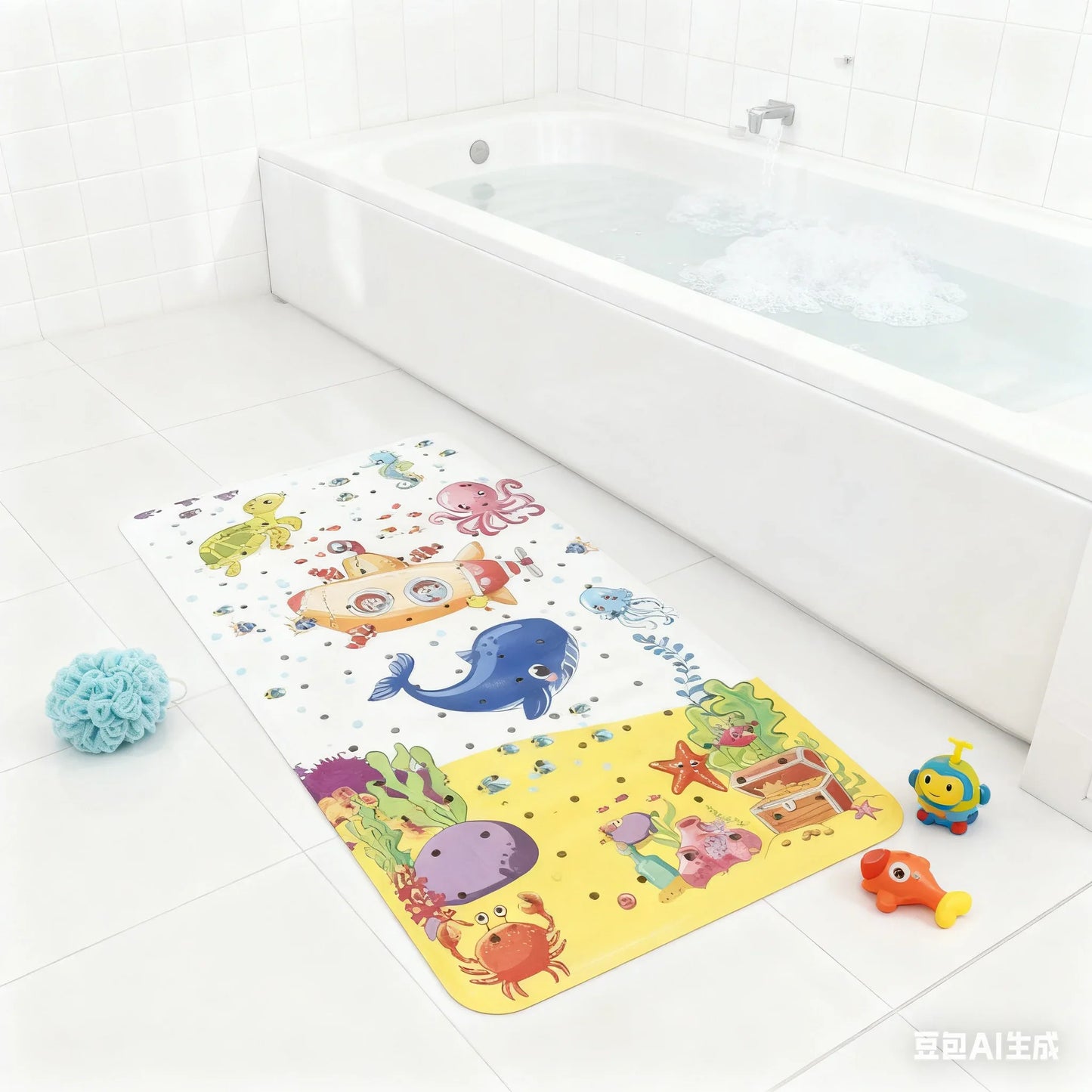 1pc Baby Bath Mat for Tub for Kids, Non Slip Cartoon Bathtub Mat Anti Slip with Drain Holes & Suction Cups,Underwater World