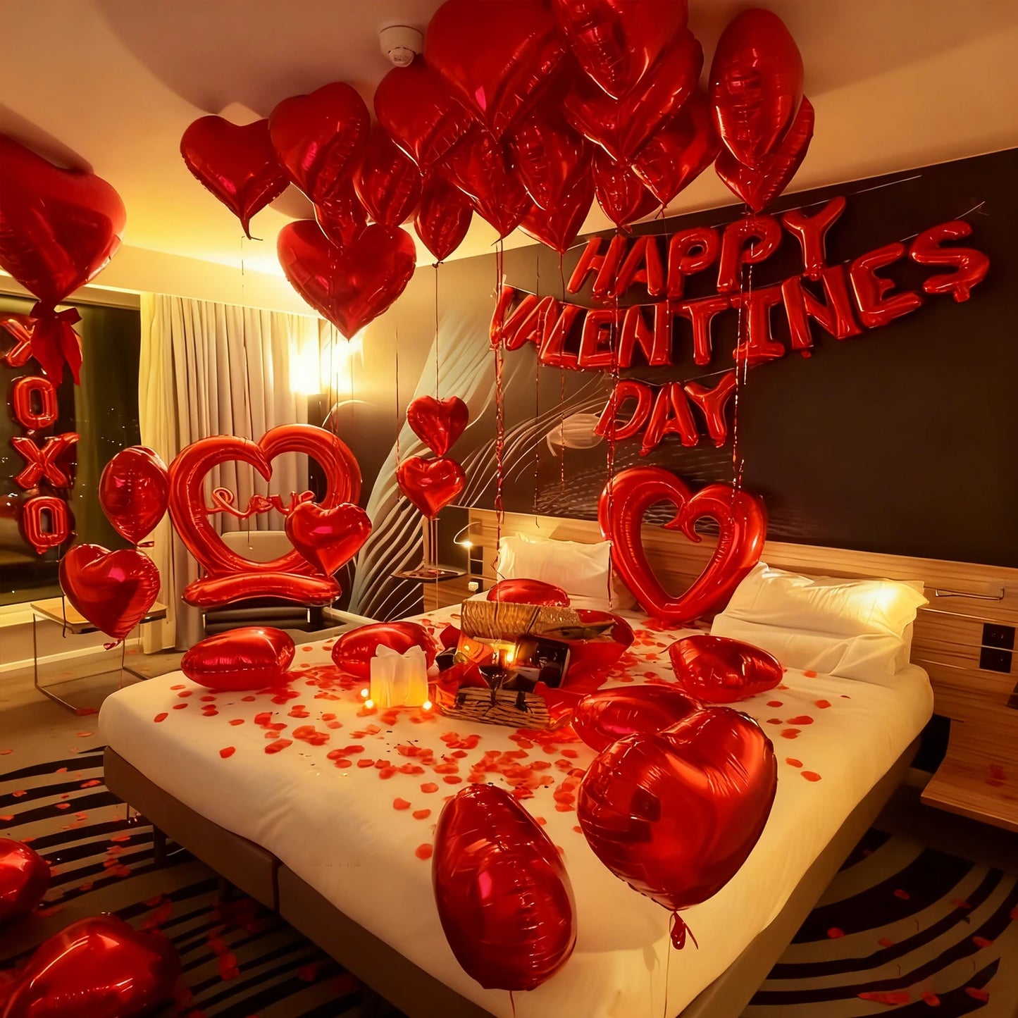 HAPPY VALENTIENS Balloon Set Red Aluminum Film Balloon Simulation Petals for Valentine's Day Wedding Decoration Balloon