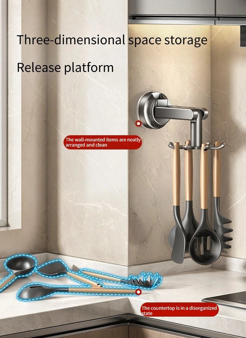 Kitchen Suction Wall-mounted Multi-functional Storage Rack, with Integrated Storage Featuring No-drilling and Rotatable Hooks