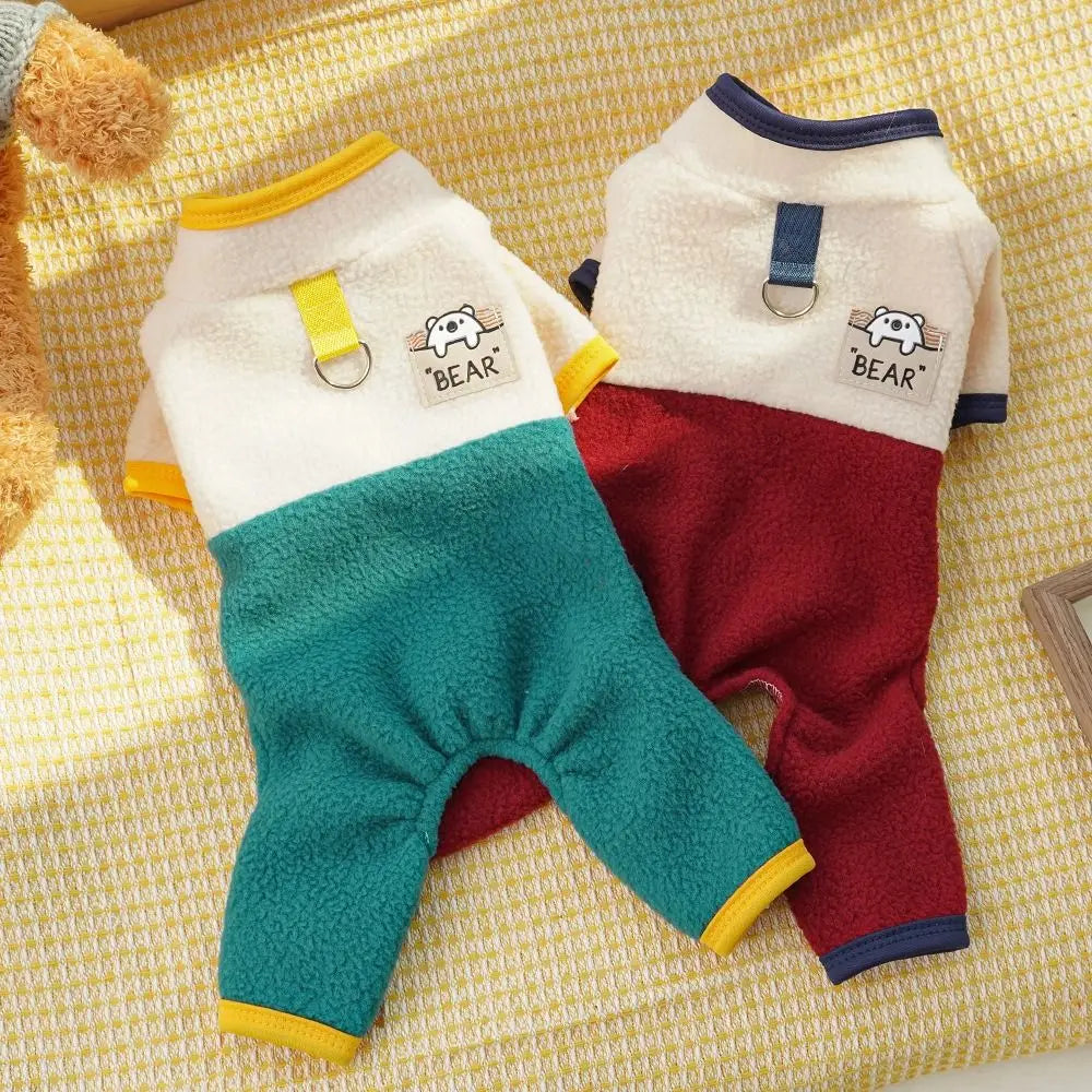 Warm Dog Jumpsuit – Polar Fleece Four-Legged Pants with Stand Collar, Cartoon Bear Pattern, D-Ring Puppy Harness Coat