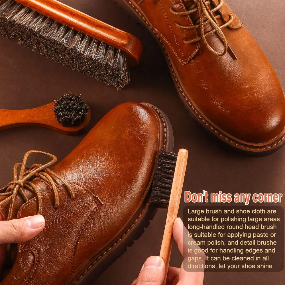 4 Pieces Horsehair Shiny Shoe Brush Set Polishing Applicator Cleaning Leather Shoes Boot Care Brush Suede Cleaning Brush