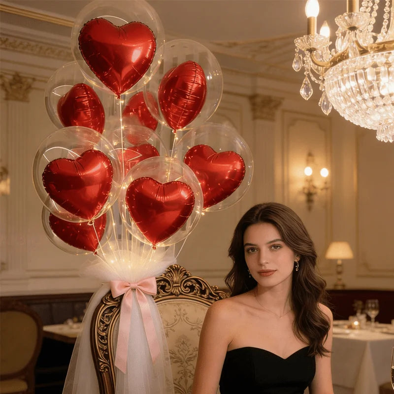 10pcs Transparent Bubble Balloon Set with Red Heart Foil Balloons Valentine's Day Birthday Wedding Party Decoration Photo Props