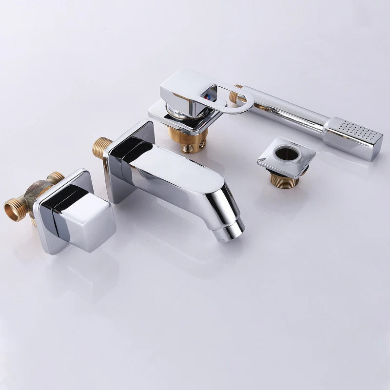 Deck/Wall Mounted Bathroom Bathtub Faucet Set with Handheld Shower Head 4 Holes Widespread Basin Tub Faucet Cold Hot Mixer Tap