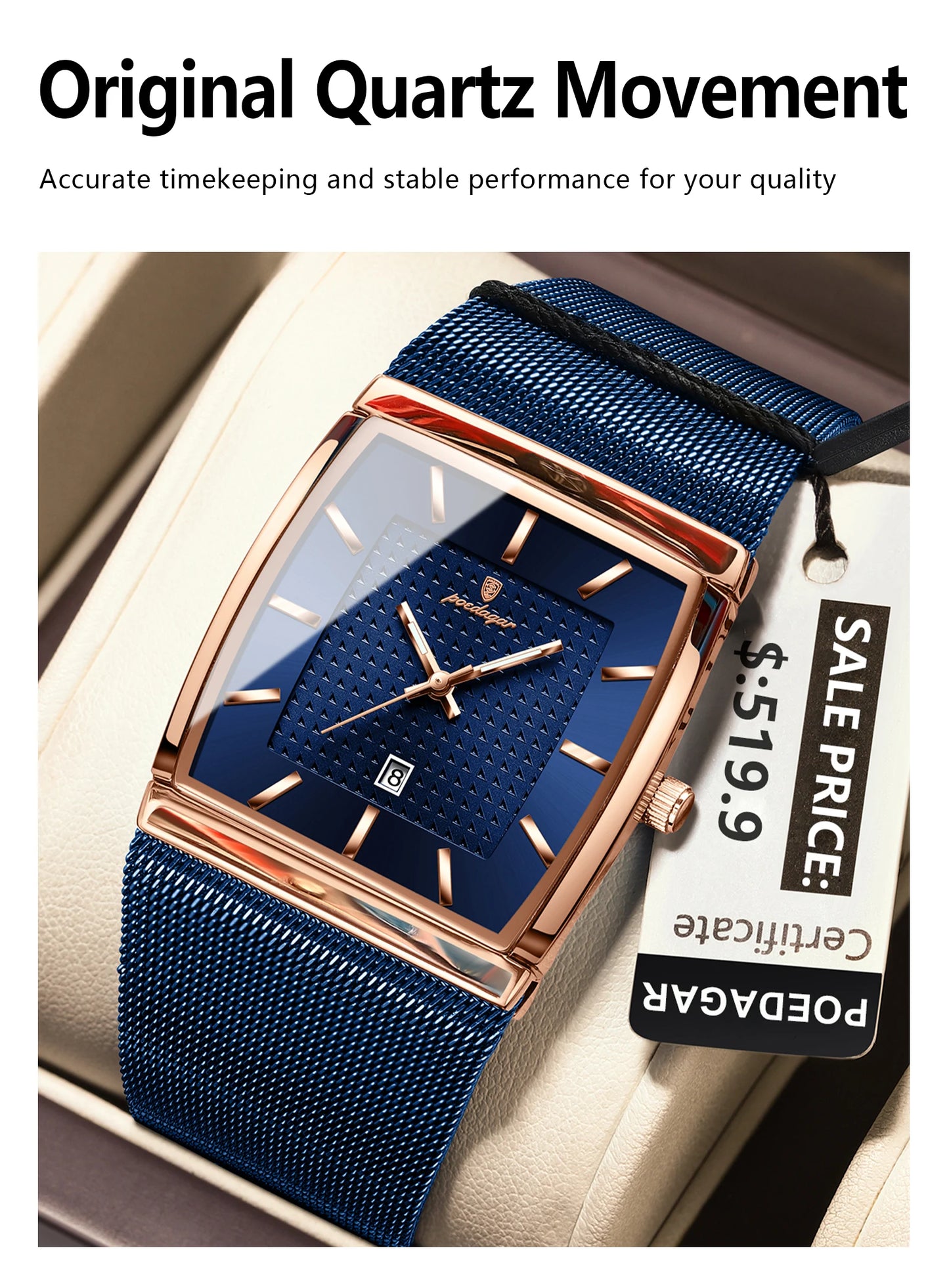 POEDAGAR Top Original Men Watch Waterproof Luminous Date Rectangle Man Wristwatch Mesh Stainless Steel Men's Quartz Watches Male