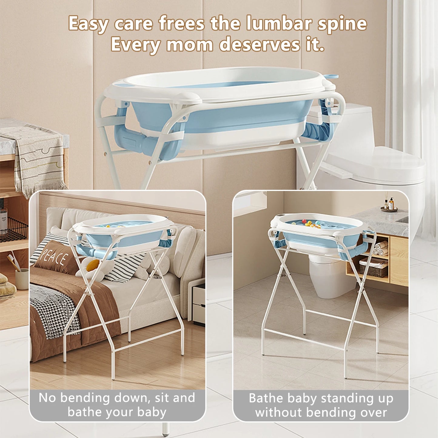 3 in 1 Baby Bath with Stand, Foldable Baby Bath Tub for Newborn to Toddler with Thermometer & Bath Pillow,Multifunctional,Grey