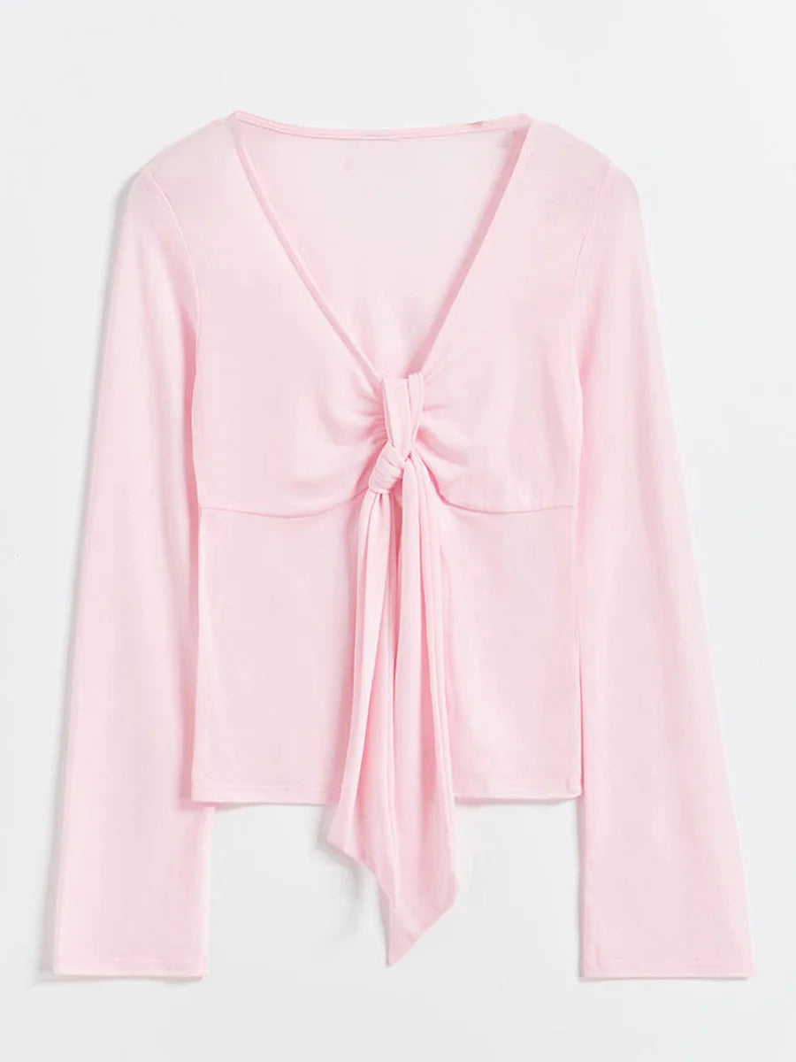 Women's Spring Summer Slimming Crop Tops Long Sleeve V Neck Tie Up Solid Color Trendy T-shirt