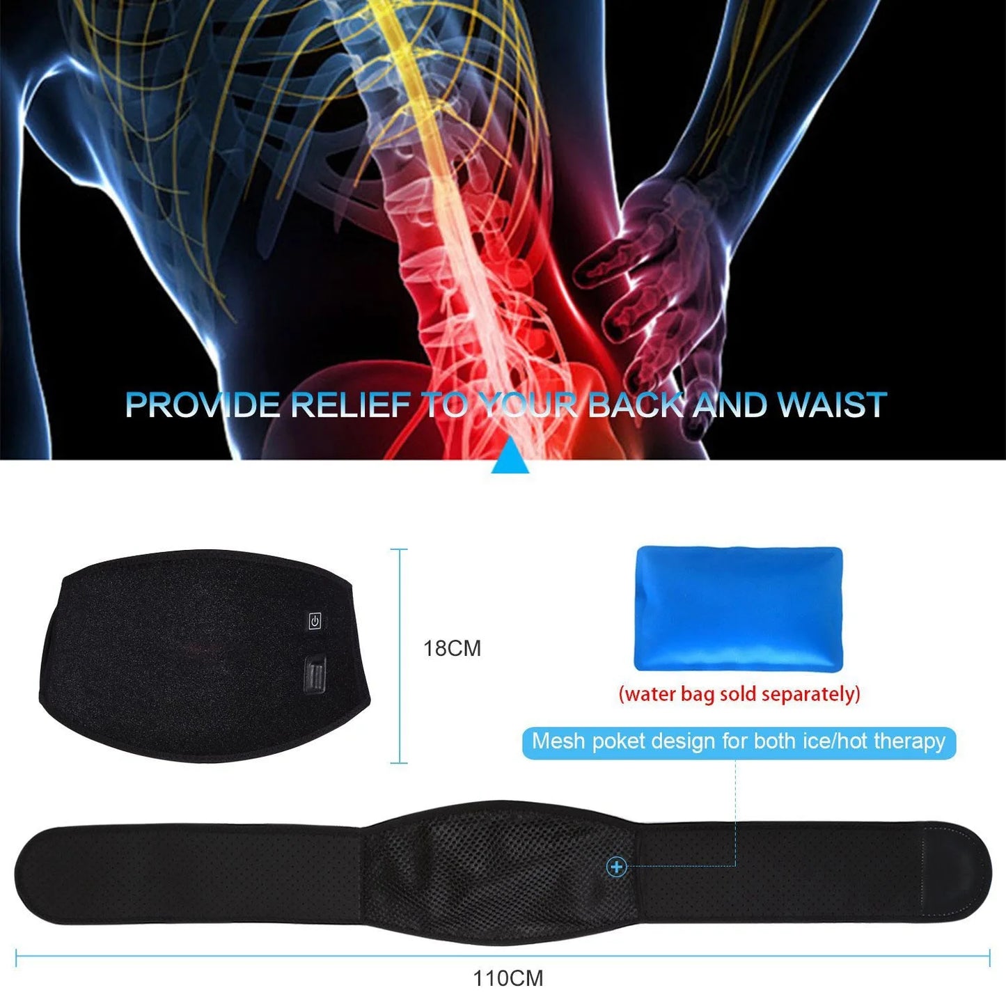 Heat Therapy Waist Pad Heating Waist Belt Brace For Pain Relief Lower Back Therapy Lumbar Black Waist Heating Pad Belt
