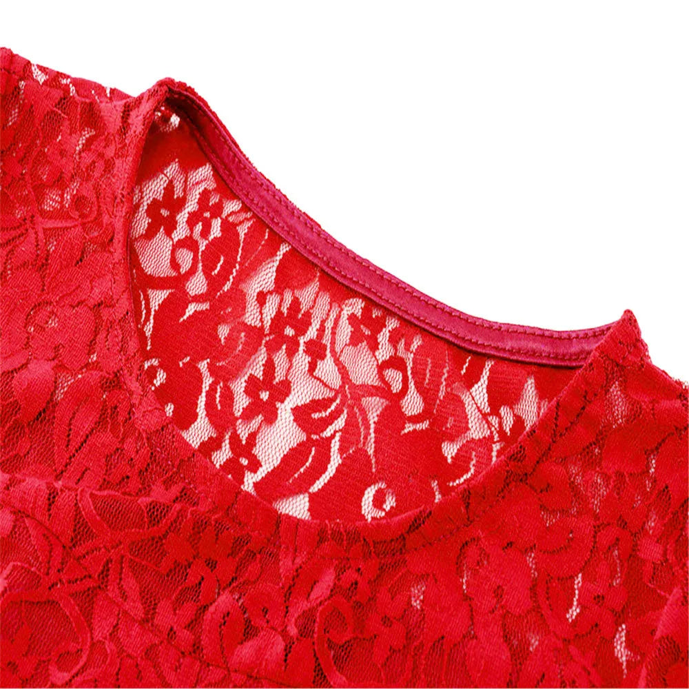 Women Summer Dress See-through Hollow Out Lace Short Sleeves Big Hem Mini Dress Round Neck A-line Prom Dress Women Clothes