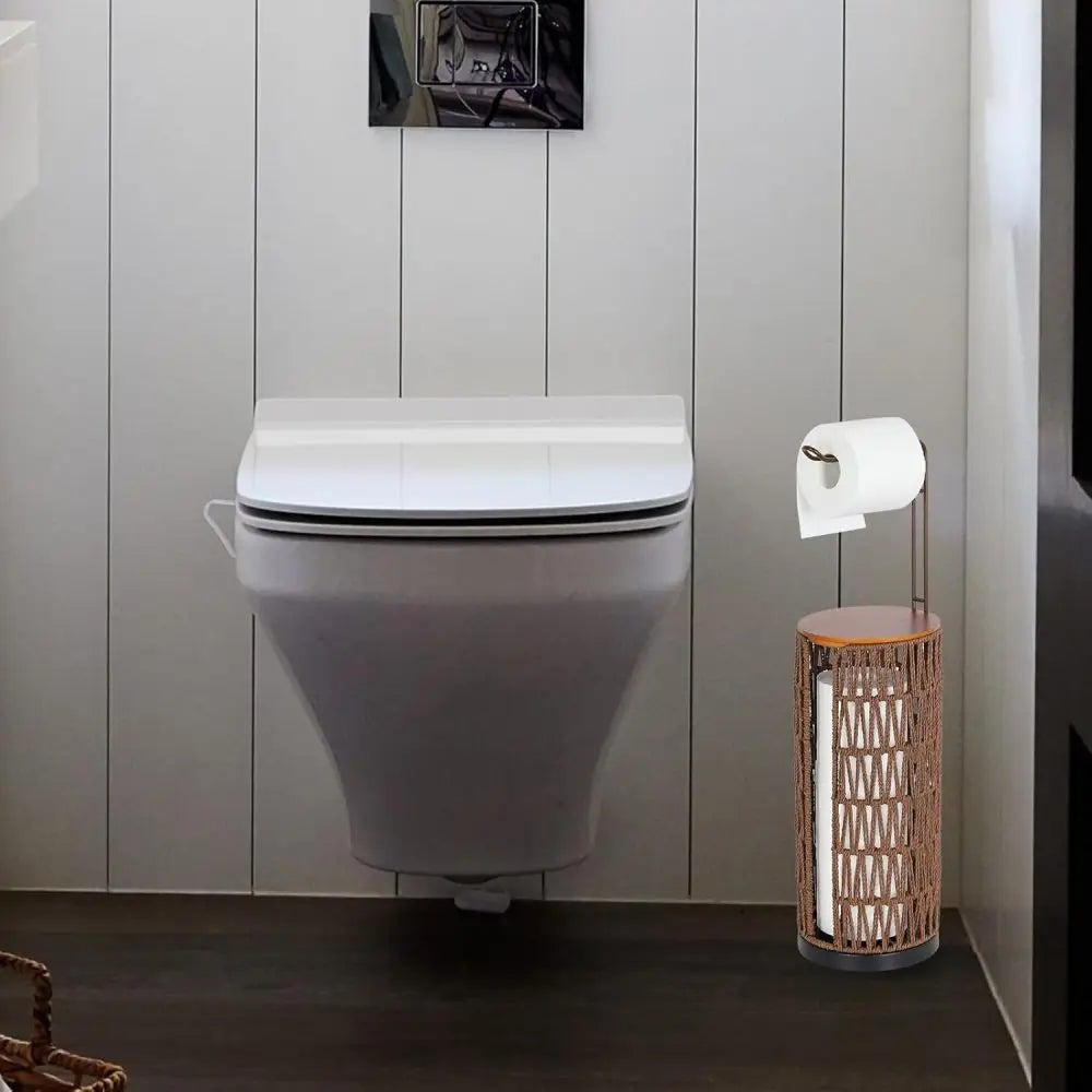 Freestanding Toilet Paper Holder with Storage,3 Rolls of Tissue Holder for Bathroom,Handmade WovenToilet Roll Holder Stand