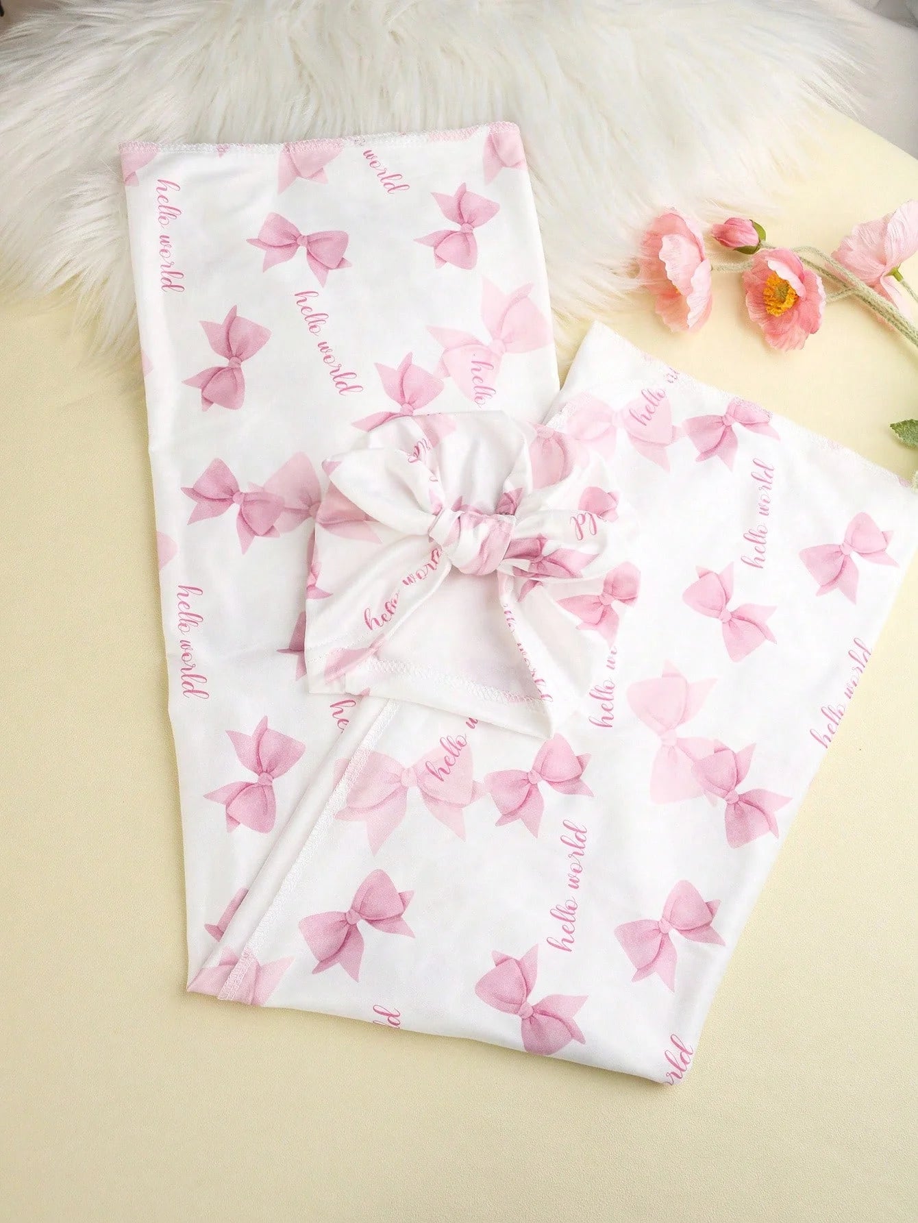 Ylsteed Newborn Photography Receive Blanket Newborn Bow Print Swaddle Blanket with Hat Bedding Infant Bath Towel Baby Items-HD