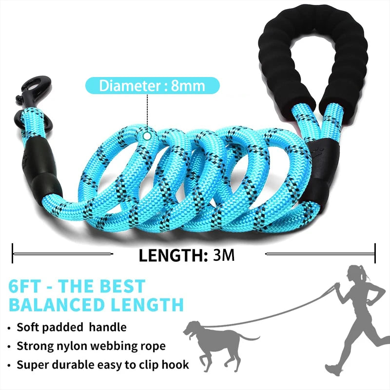 3M Reflective Dog Leash – Padded Handle, Heavy-Duty Double Traction Rope for Small to Large Dogs