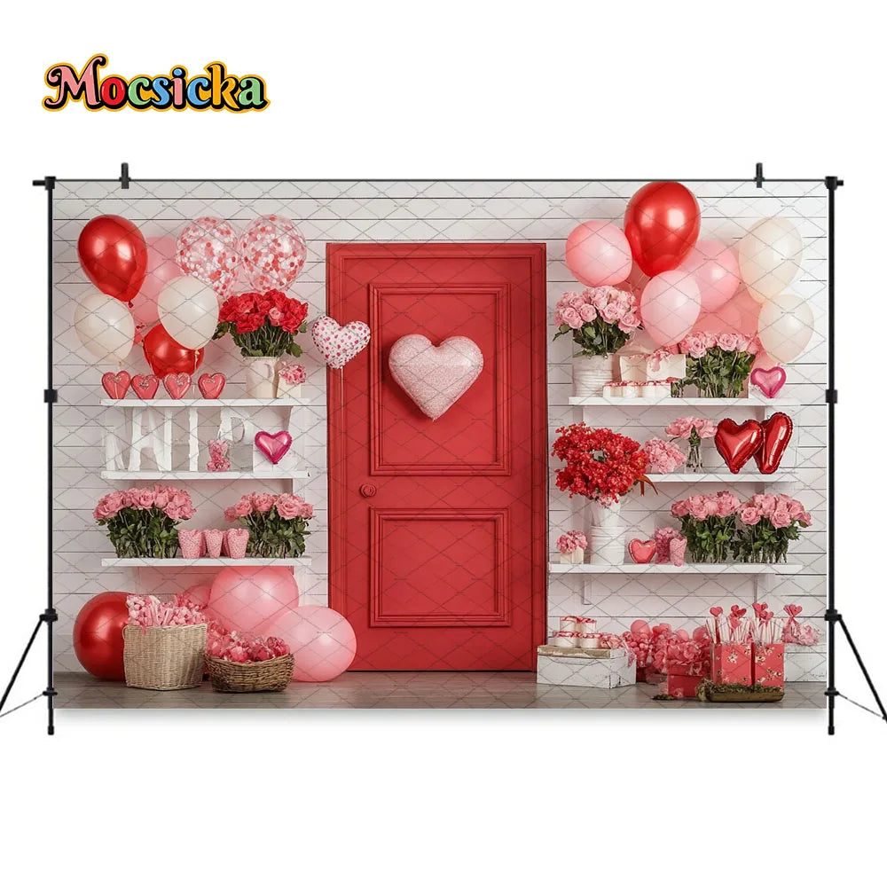 Mocsicka Valentine's Day Shop Backdrop Photography Pink Storefront Heart Balloon Red Rose Background Kids Birthday Photo Studio