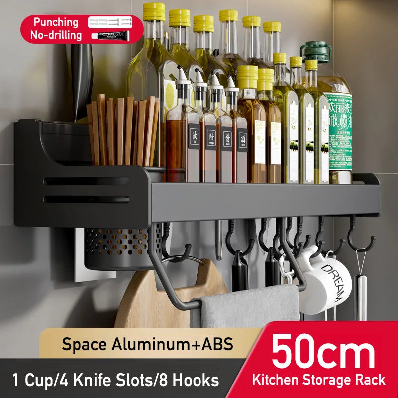 No Drill Kitchen Storage Rack Aluminum Wall Mount Spice Seasoning Spoon Knife Stand Holder Rag Dishcloth Rack Organizer Shelf