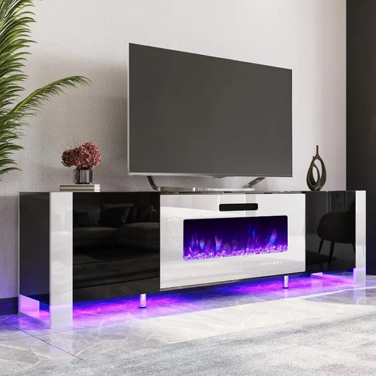 Fireplace TV Stand with 40" Fireplace, 80" Modern High Gloss Entertainment Center LED Lights, U-Shaped Legs TV Console