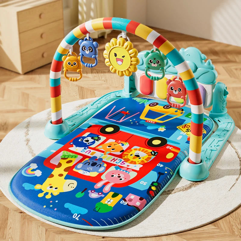 Baby Activity Play Mat with Music & Lights, 5 Detachable Sensory Toys Kick Piano Mat, Tummy Time Game Playmat Easy Assembly Moto