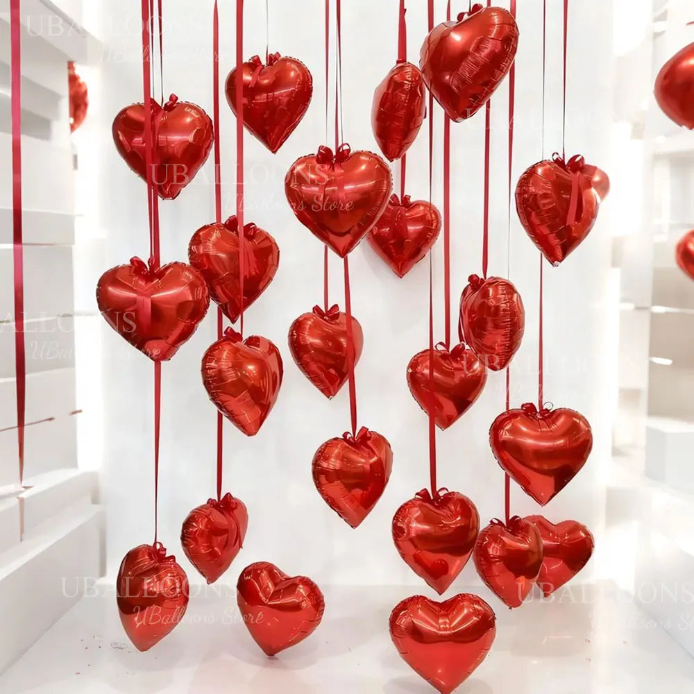 10/20pcs Hanging Heart Balloons Love Foil Heart Shaped Balloons with Ribbon for Wedding Engagement Birthday Valentines Day Decor