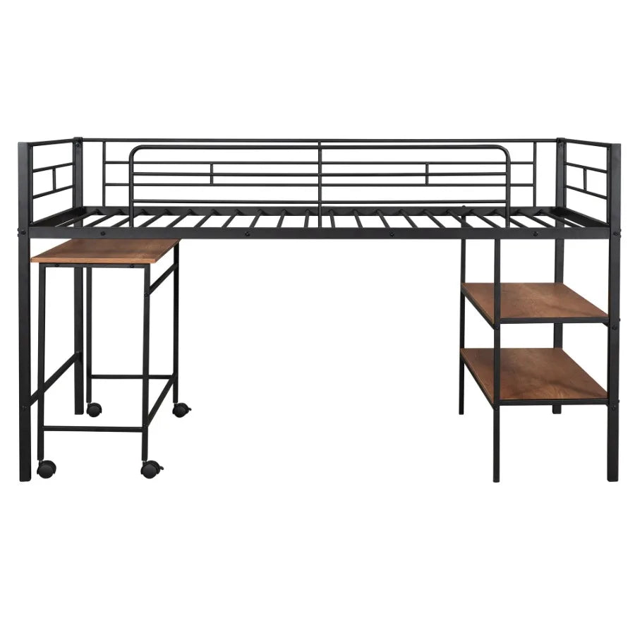 Twin Size Metal Loft Bed with Desk and Shelves