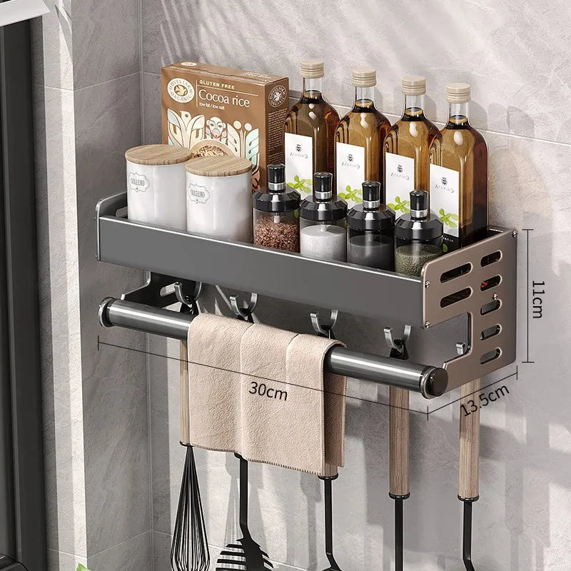 Wall Mount Utensil Holder Multifunctional Spice Organiser Shelf with Hooks Kitchen Hanging Storage Wall Shelf