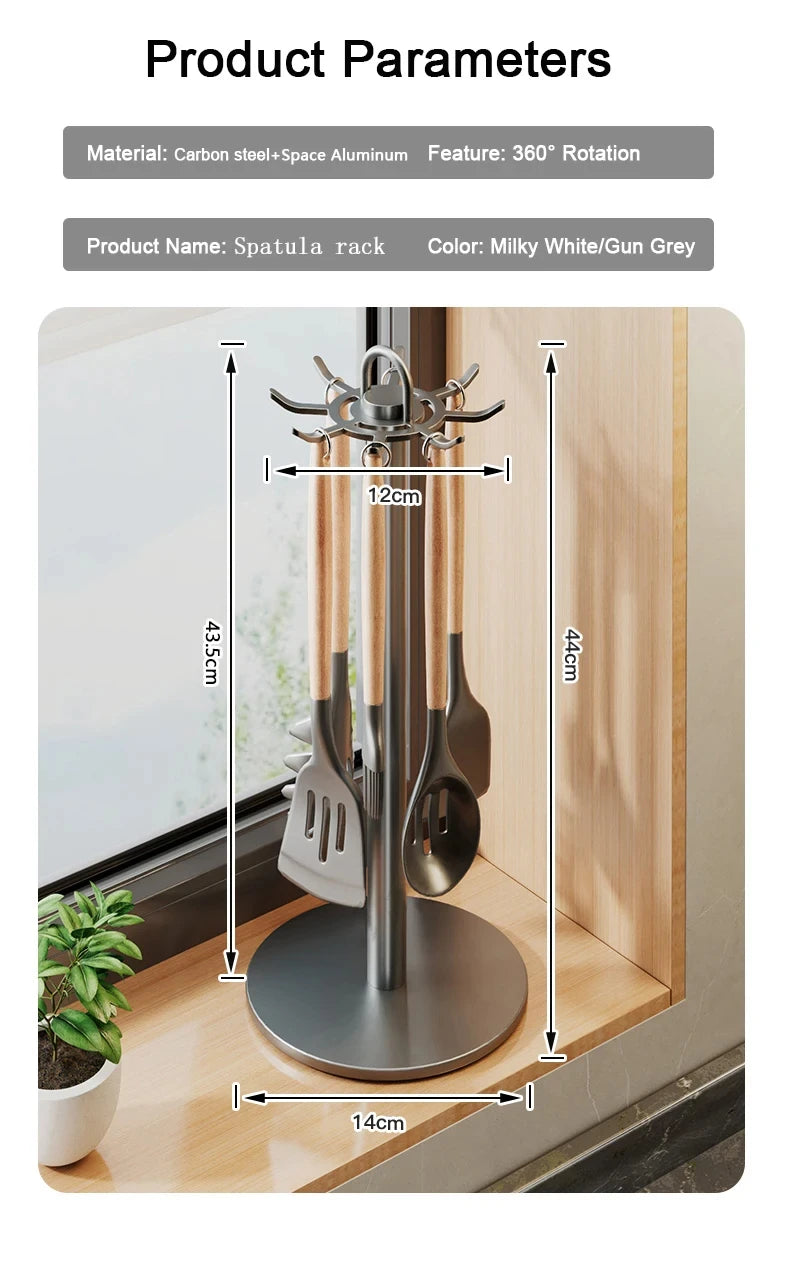 360° Rotating Kitchen Spatula and Utensil Rack - 8-Hook Movable Cooking Tool Storage Organiser for Countertop Space Saving