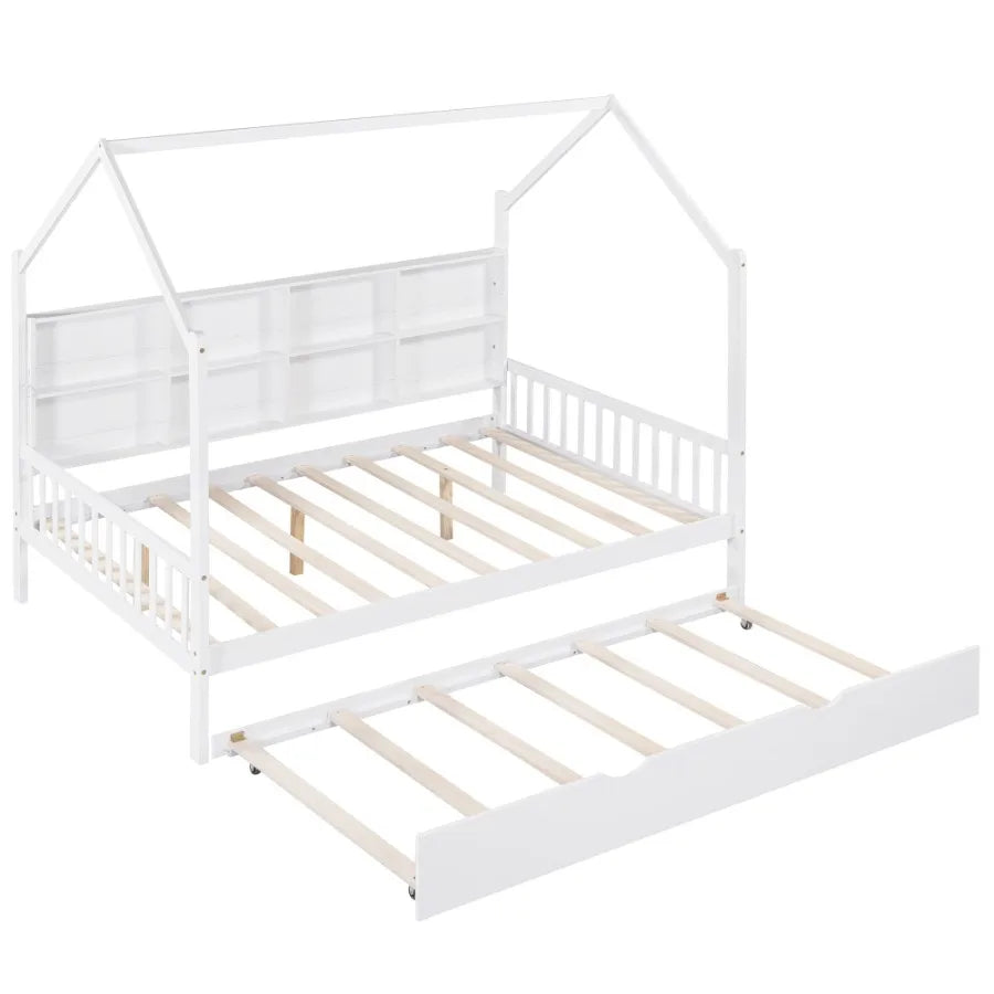 Wooden Full Size House Bed with Trundle Bed with Shelf