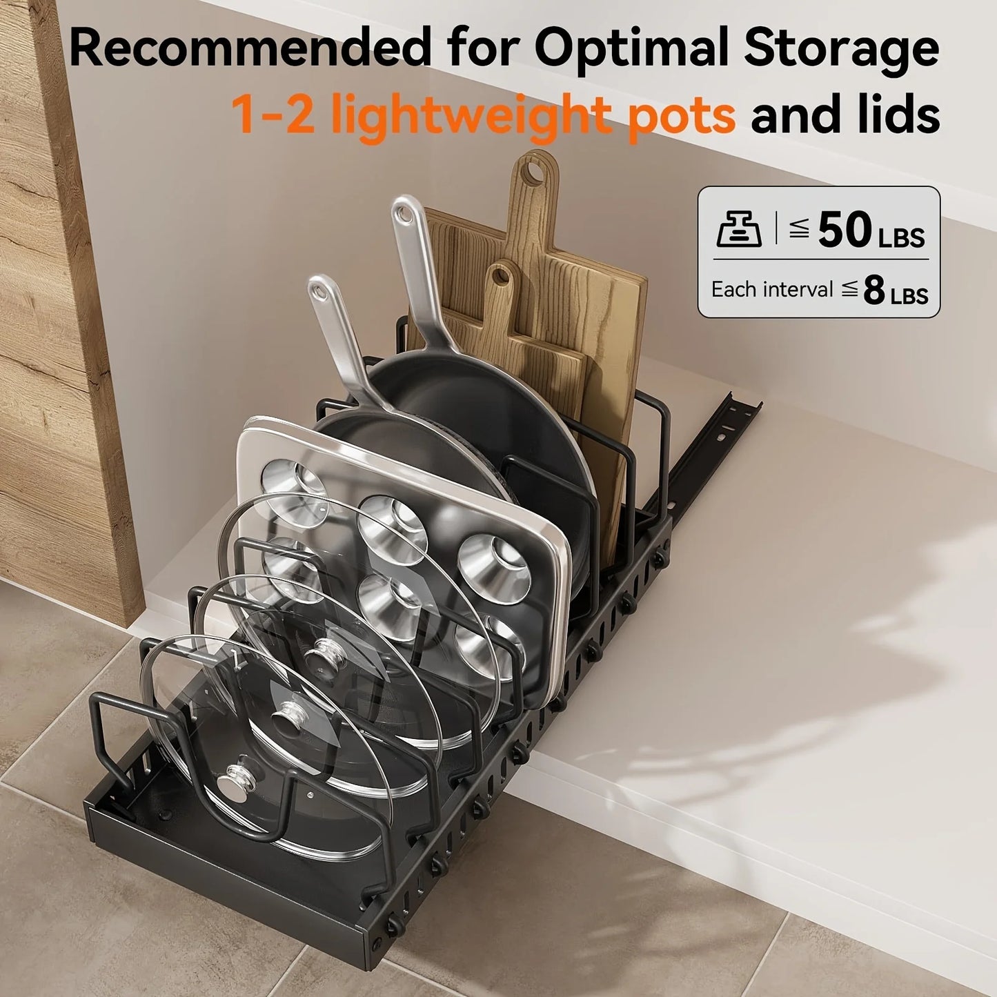 Cookware and Frying Pan Storage Rack with Pull-Out Lid Storage Box, Suitable for Placement under the Cabinet, Featuring a Pot Lid Rack with 8 Adjustable Dividers