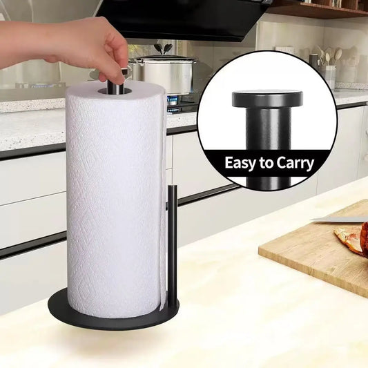 Paper Towel Holder Black, Premium Stainless Steel Kitchen Roll Dispenser, Countertop Roll Organizer with Weighted Base