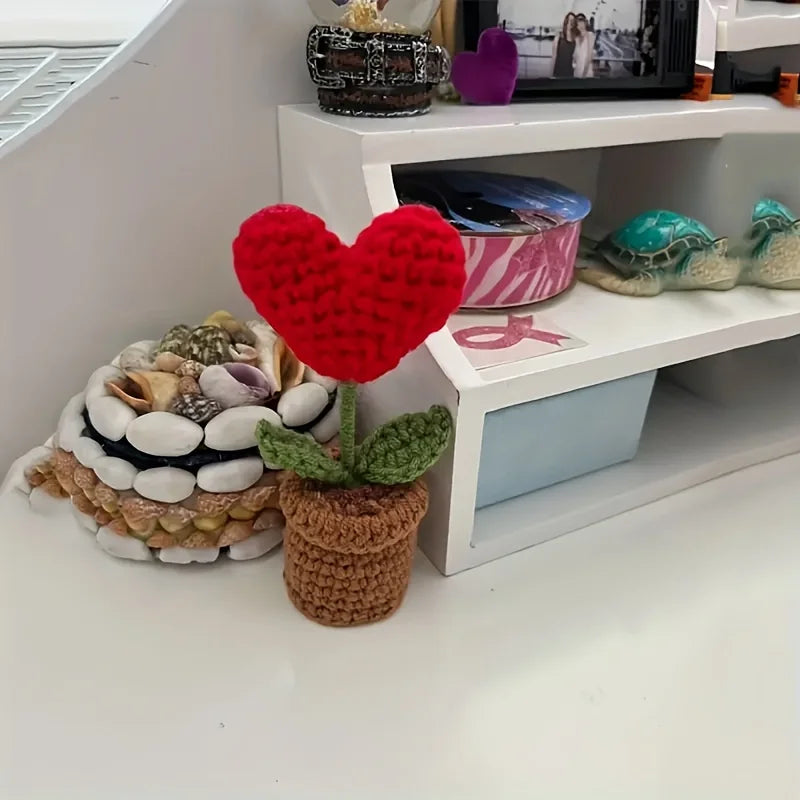 1/2/3/5Pcs Handmade Knitted Flower Pot Red Heart Shaped Knit Imitation Potted Plant Christmas Valentine's Day Mother‘s Day Gift