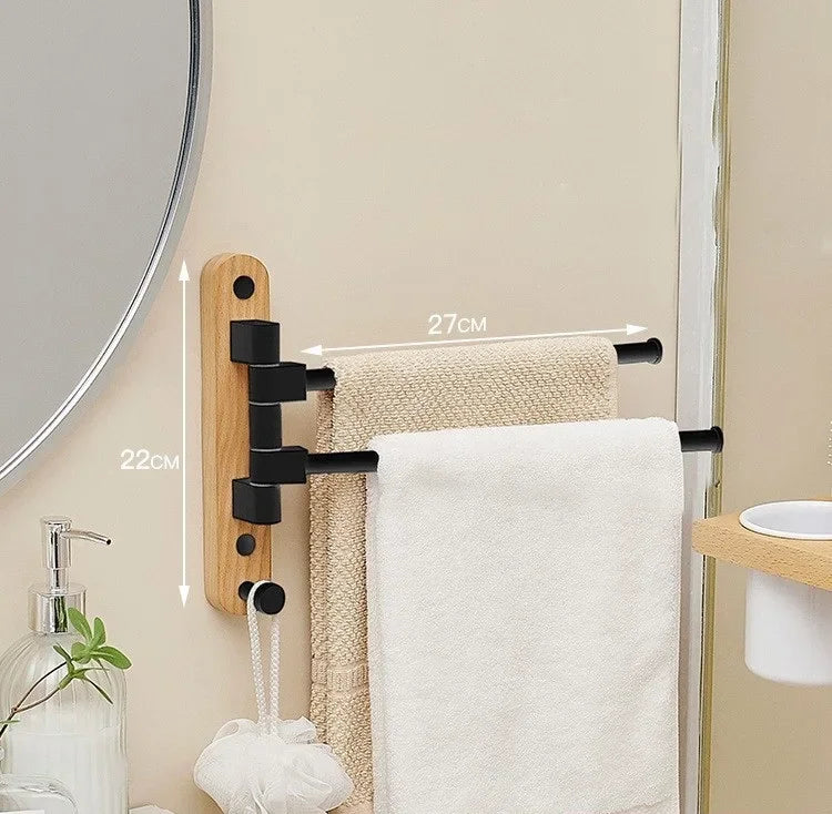Bathroom Swivel Towel Rack, Wood & Matte Black Metal, 4-Arm Wall Mounted Towel Bar with Towel Ring, Space-Saving Towel Hanger